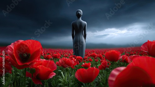 Red poppies displayed for remembrance day concept. A serene figure stands among vibrant red poppies under a stormy sky.