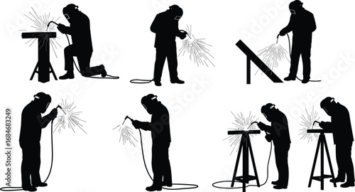 Silhouettes of welder welding metal, using welding torch, protective gear, sparks flying, industrial construction, metalwork, skilled labor, workshop.
