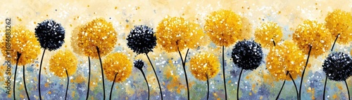 Watercolor dandelions with light tones background concept. Vibrant illustration of yellow and black flowers in a colorful field.
