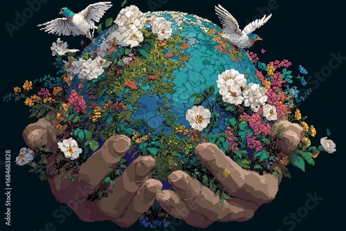 Hands holding a vibrant, flourishing globe adorned with flowers and birds in a colorful display of nature's beauty