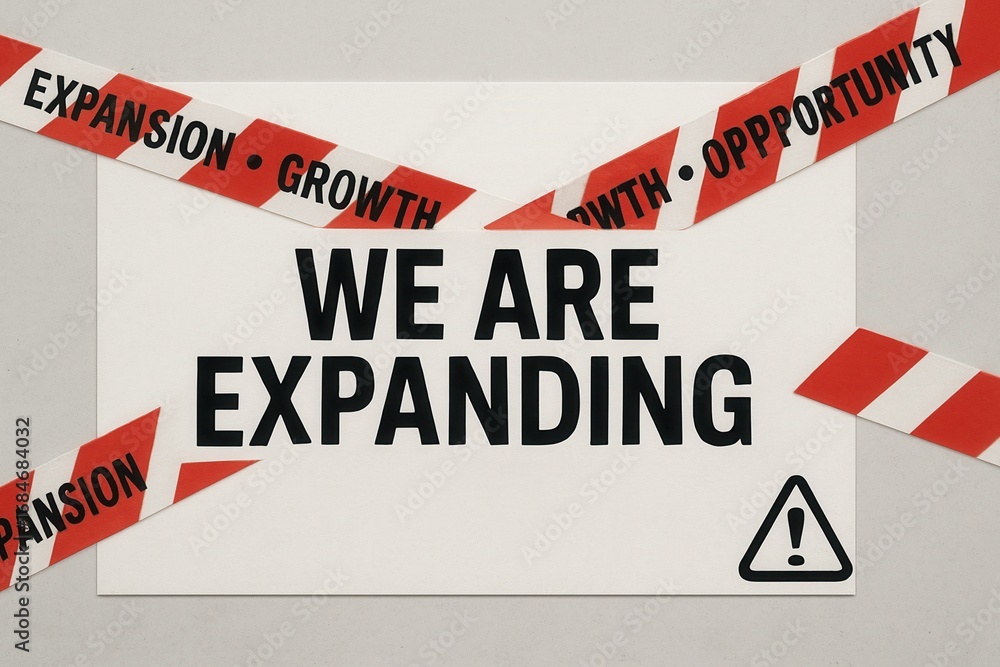 Fototapeta premium Expansion announcement with WE ARE EXPANDING and bold opportunity promo, dynamic caution tape style, clear growth retail offer.