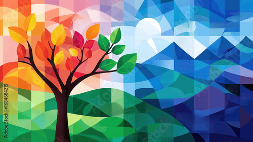 Vibrant stained glass style image featuring tree with colorful leaves one side and serene mountain landscape other, evoking sense of harmony