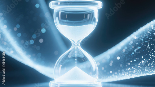 Ephemeral Sands of Time: A captivating image of an hourglass, its glowing sand flowing gracefully within a surreal, digital realm, emphasizing concepts of time, transience.