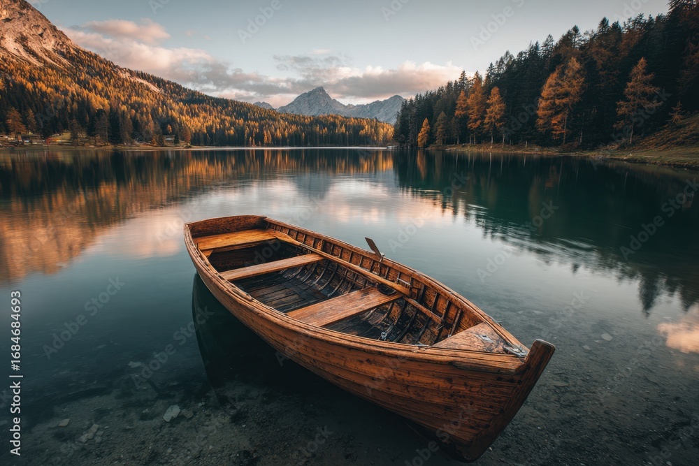 Obraz premium Wooden boat resting on calm lake water surrounded by autumn trees and mountains during early evening light