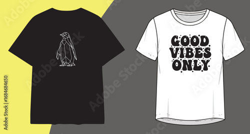 Two t shirts one black with graphic design one white with good vibes only text