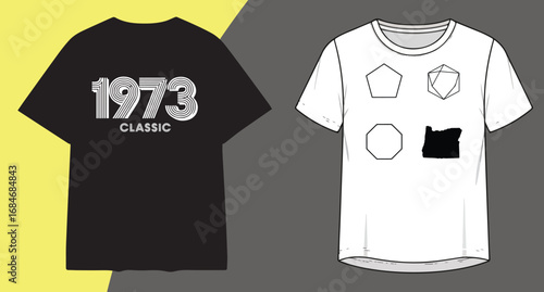 Two t shirts one black with 1973 graphic and one white with geometric designs