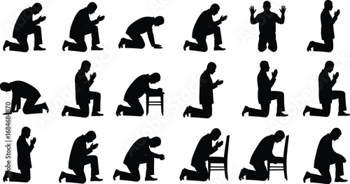 Man praying silhouette, kneeling and praying hands, religious devotion, faith expression, spiritual posture, 