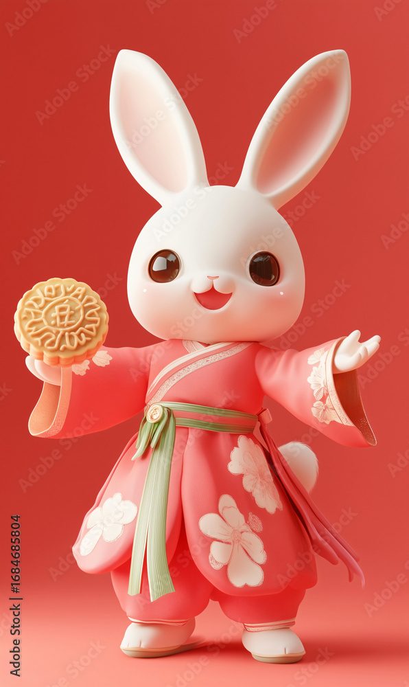 Obraz premium A 3D cartoon illustration of a rabbit holding mooncakes