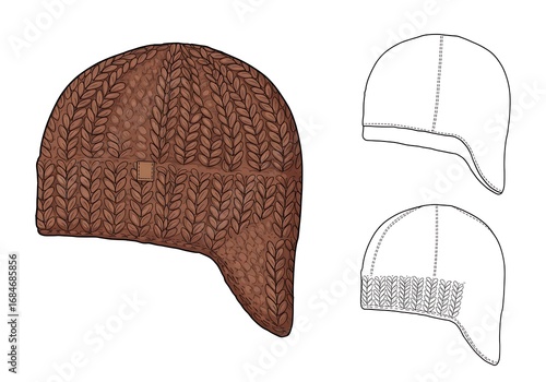 優しいブラウンのニット帽 デザイン画付き