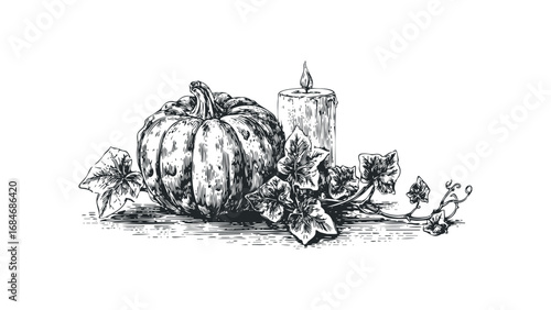 Pumpkin and lit candle with ivy vine in vintage sketch style. Vector hand drawn illustration