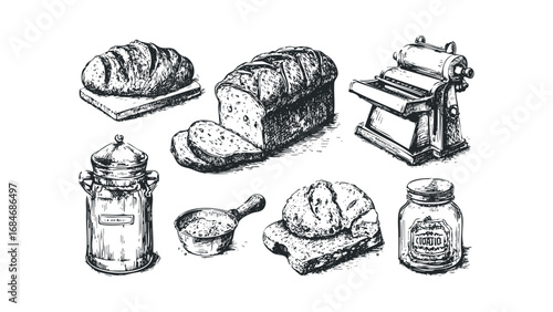 Sketchy Loaves of Bread, Milk Can, and Pasta Maker on White. Vector hand drawn illustration