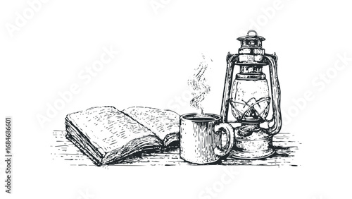 Sketch of an antique lantern and open book next to steaming coffee mug. Vector hand drawn illustration