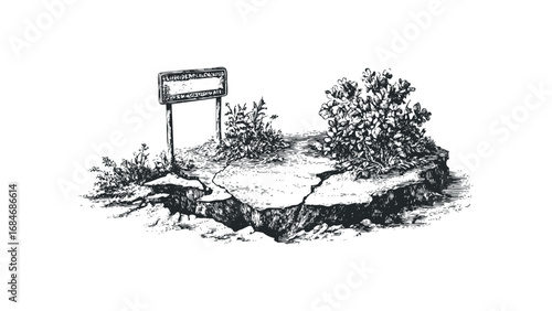 Cracked ground with flora and signpost drawing. Vector hand drawn illustration
