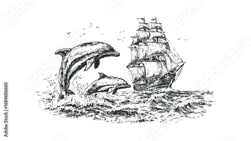 Vintage Sailing Ship With Dolphins Leaping Through Choppy Waves. Vector hand drawn illustration