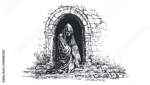 Grim figure in hooded cloak sits within ancient stone archway entrance. Vector hand drawn illustration