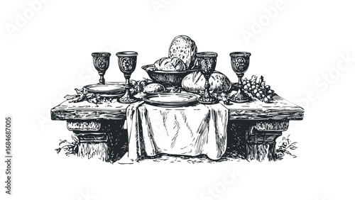 Drawn Still Life of a Table Laden with Bread, Grapes, and Chalices. Vector hand drawn illustration