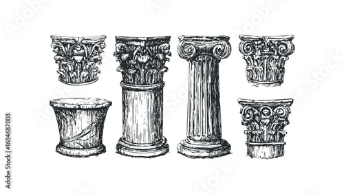 Ornate classical column capitals and shaft, architectural elements sketch. Vector hand drawn illustration