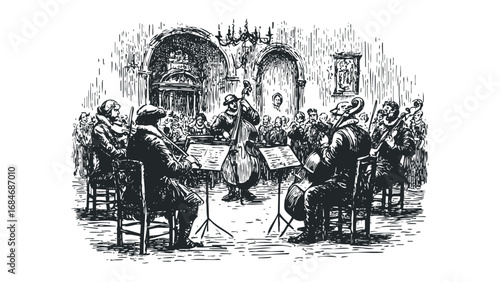 Engraving of an Orchestra Performing Classical Music in an Ornate Hall. Vector hand drawn illustration