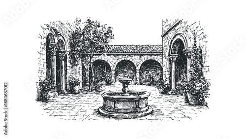 Sketch of a Courtyard with Arches and Fountain. Vector hand drawn illustration