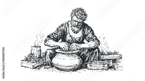 Man with Beard Concentrating on Pottery Wheel Shaping Clay Vessel. Vector hand drawn illustration
