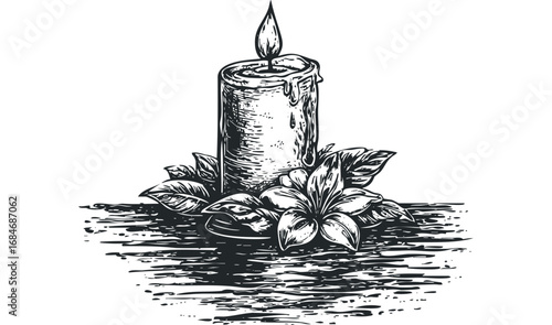Sketch of a lit candle surrounded by leaves and a blooming flower. Vector hand drawn illustration