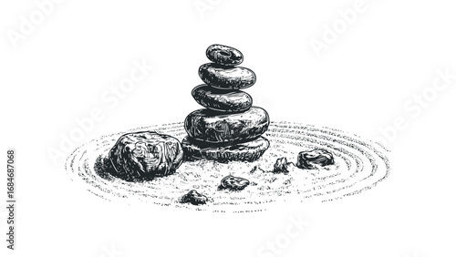 Zen garden with stacked stones and raked sand. Vector hand drawn illustration