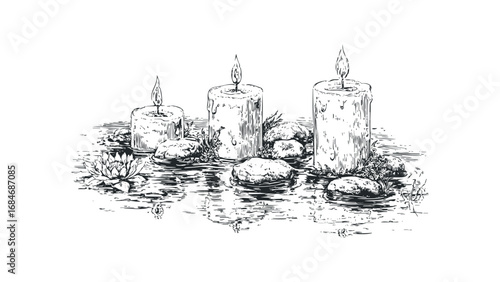 Three lit candles with floating lotus and smooth river stones on water. Vector hand drawn illustration