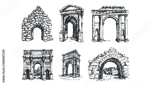 Collection of Hand Drawn Ancient Stone Archways and Ruins. Vector hand drawn illustration