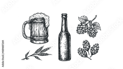 Wood beer mug with foam, glass bottle, and hop cones on white. Vector hand drawn illustration