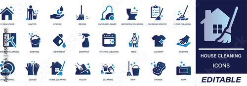 House cleaning icon set. collection featuring washing, broom, soap, maid, laundry, sponge, vacuum cleaner, mop, and home cleaning tools