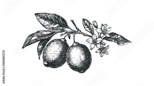 Branch with two ripe lemons and blossoming flowers in detailed engraving style on transparent background. Vector hand drawn illustration