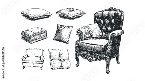 Ornate armchair with assorted decorative pillows on transparent background. Vector hand drawn illustration