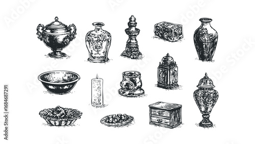 Ornate pottery and decorative objects in a vintage sketch style. Vector hand drawn illustration