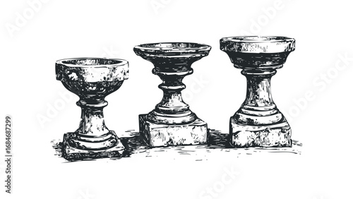 Three antique stone chalices displayed on pedestals. Vector hand drawn illustration
