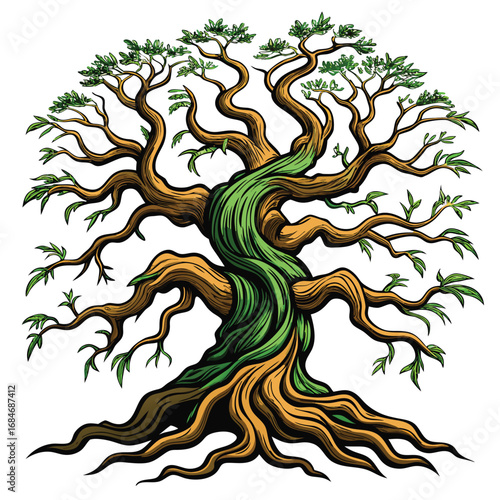 A gnarled ancient tree with twisted roots, a stark silhouette on a clean white background, symbolizing age, wisdom, and resilience in nature, for history.