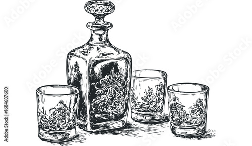 Engraved Glass Decanter and Tumblers with Ornate Details on Transparent Background. Vector hand drawn illustration