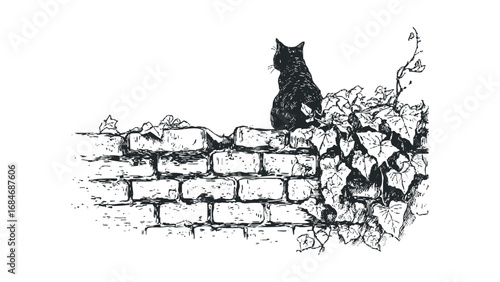 Black cat perched on a weathered stone wall amidst lush foliage in a sketch style. Vector hand drawn illustration