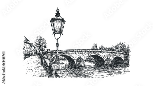 Sketch of a historic stone arch bridge with a lamppost on a walkway. Vector hand drawn illustration