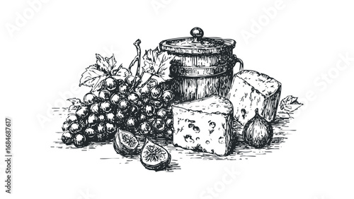 Sketch of Cheese, Grapes, Figs, and Wooden Pot. Vector hand drawn illustration