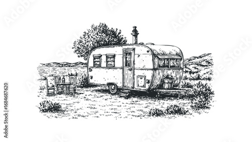 Vintage camper trailer with outdoor seating near serene landscape. Vector hand drawn illustration