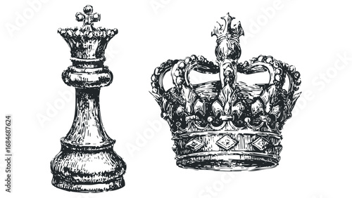 Vintage Chess King Piece and Royal Crown Sketch on White. Vector hand drawn illustration