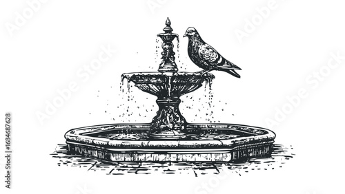 Pigeon perched on ornate water fountain with splashing water. Vector hand drawn illustration