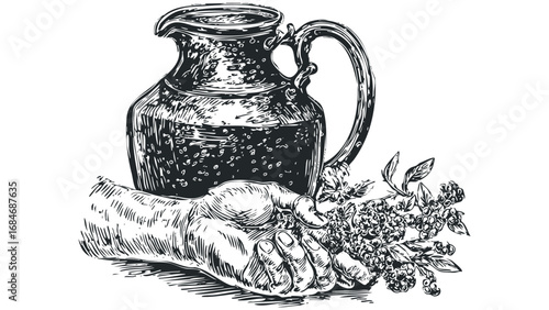 Hand picking ripe berries into a vintage pitcher. Vector hand drawn illustration
