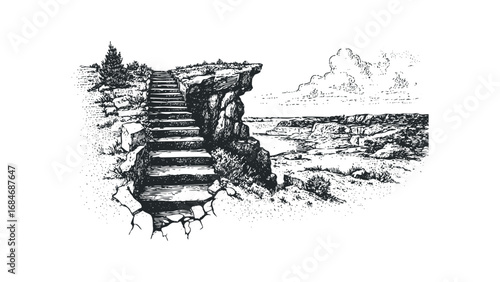 Rocky terrain with ascending stone steps leading to cliff edge overlooking water. Vector hand drawn illustration
