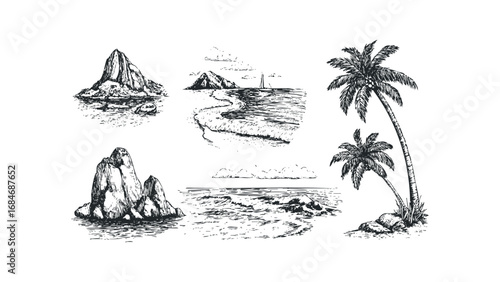 Sketchy tropical islands with palm trees and ocean waves. Vector hand drawn illustration