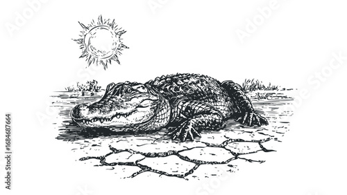 Ink sketch of a large alligator resting on cracked earth under a stylized sun. Vector hand drawn illustration