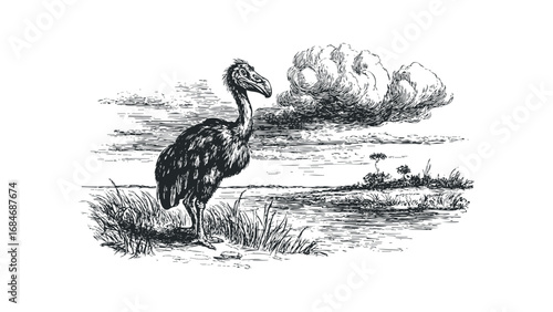 Large prehistoric bird stands near water with grassy terrain and cloudy sky. Vector hand drawn illustration