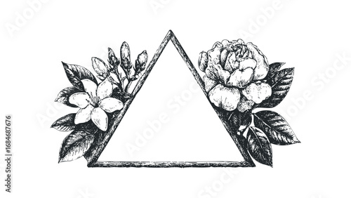 Triangle Frame with Hand-Drawn Flowers and Leaves. Vector hand drawn illustration