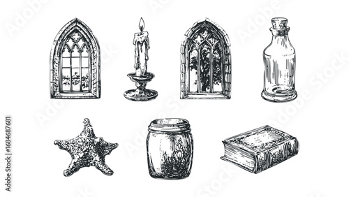 Gothic windows, candle in holder, glass bottle, jar, and book collection. Vector hand drawn illustration