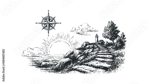 Coastal cliff path leading to lighthouse with compass and sunrise sketch. Vector hand drawn illustration